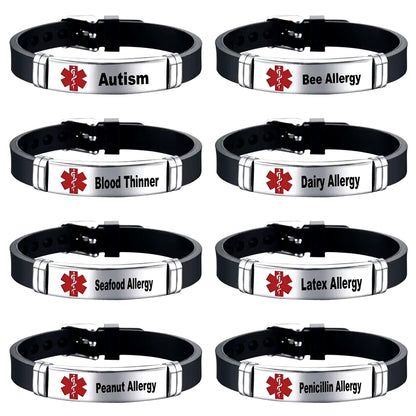 Medical Alert ID Bracelet Laser Engraved Autism Bee Penicillin Allergy Adjustable Wristband for Men Women Emergency First Aid