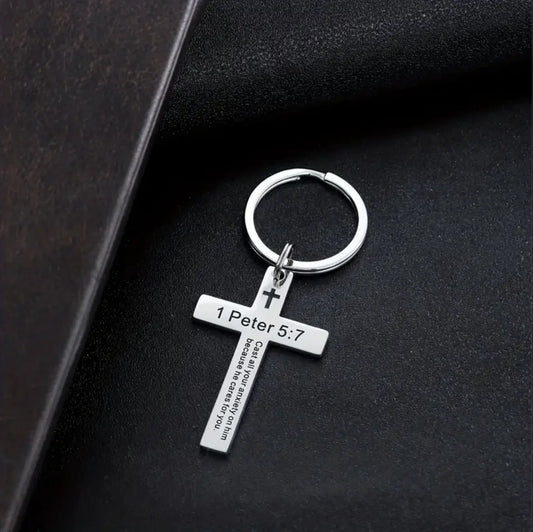 Cross Keychain Stainless Steel Slogan Religious Key Ring Bible Scripture Key Buckle 1 Peter 5:7 Creative Keychain